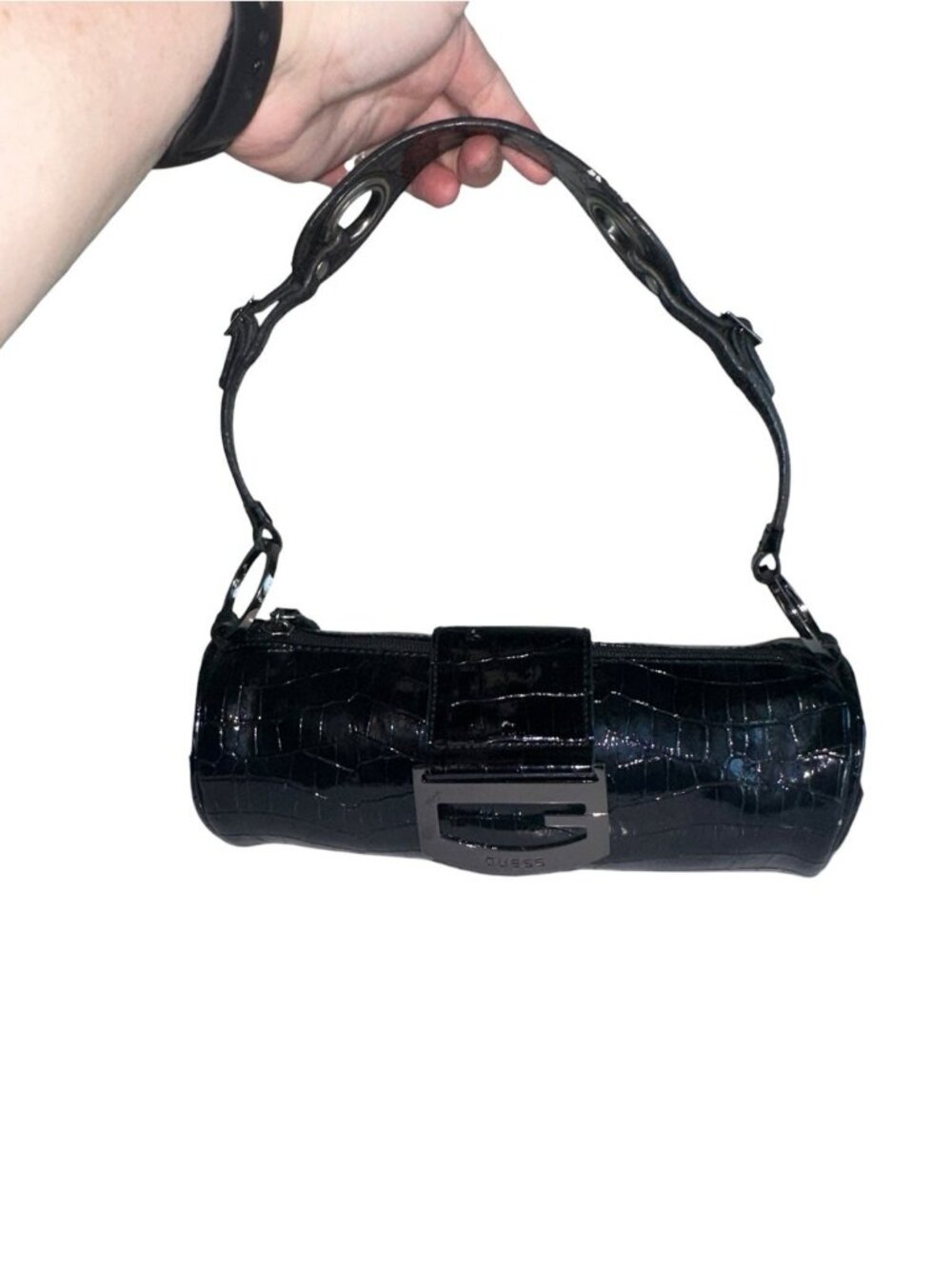 VTG Y2K Guess Black Faux Patent Croc Barrel Shoulder Bag Club Coquette